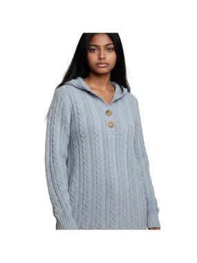 Ladies Covington  Petite Light Blue Cable-Knit Hooded Sweater with Buttons  MP